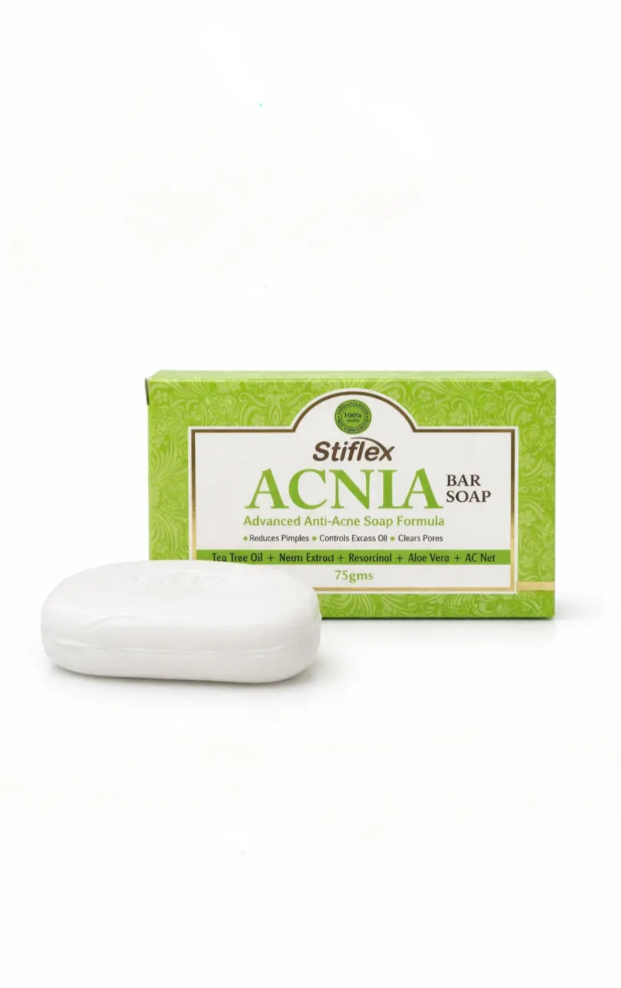 Stiflex Acnia bar soap with packaging on a white background