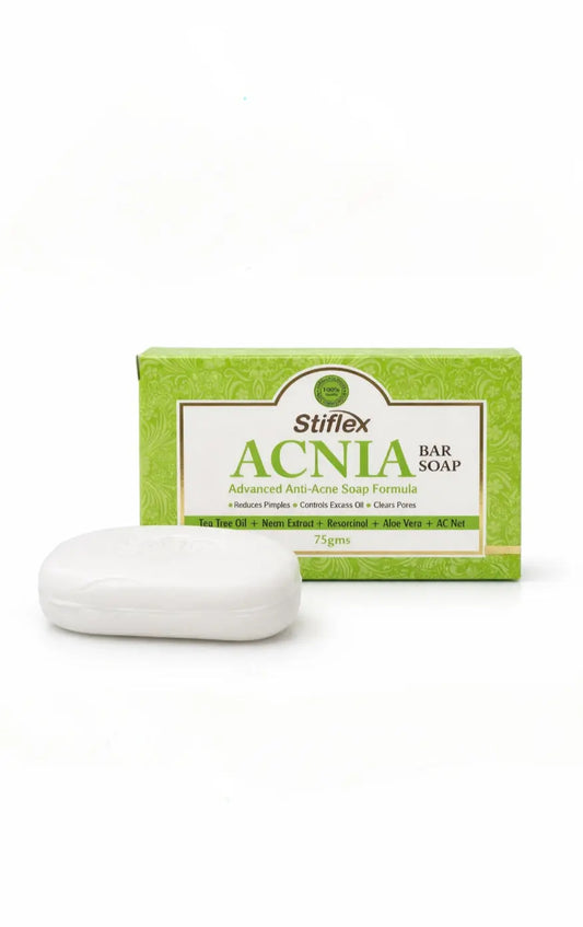 Stiflex Acnia bar soap with packaging on a white background